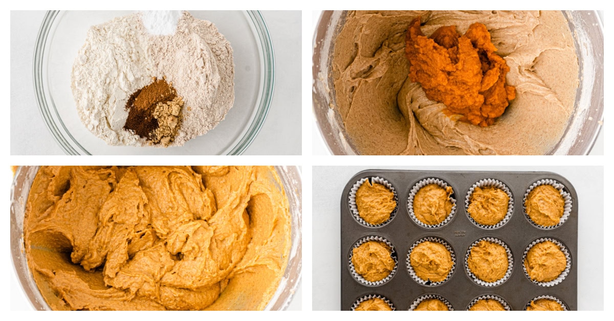Healthy Pumpkin Muffins recipe from RecipeGirl.com four photos showing how to make healthy pumpkin muffins