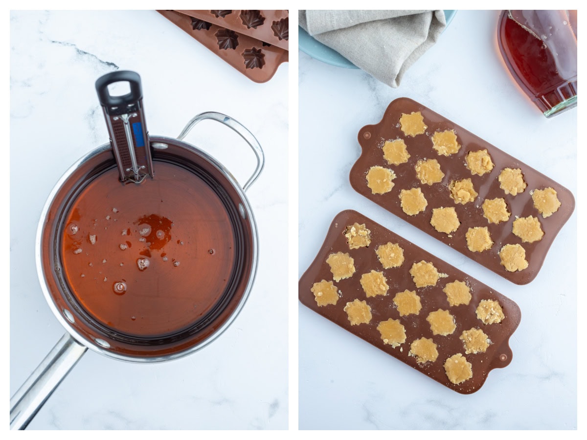 These Maple Syrup Candies are made with only one ingredient: pure maple syrup! Make them in maple leaf molds for cute results. Recipe from RecipeGirl.com. two photos showing how to make maple candy