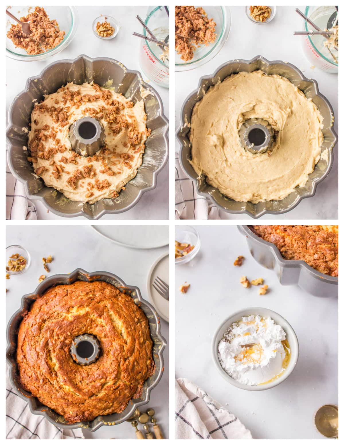 four photos showing how to make maple coffee cake