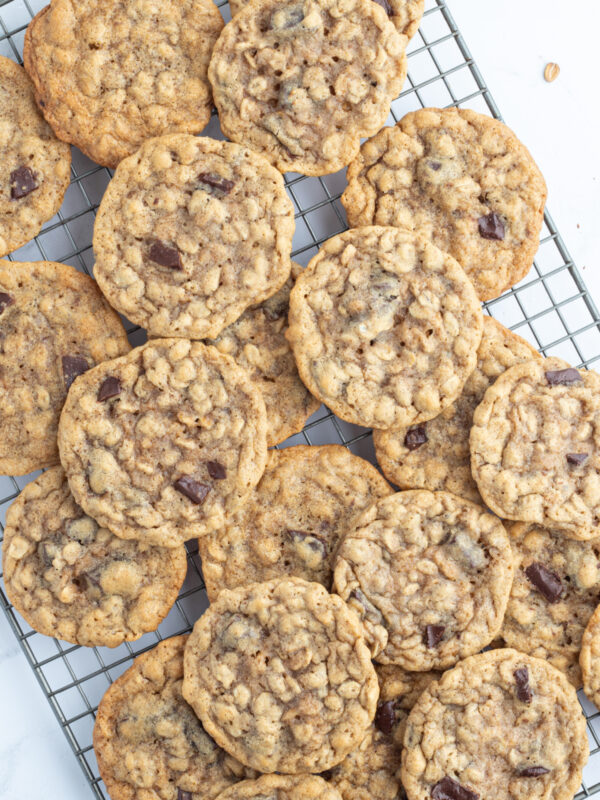 one bowl oatmeal chocolate chunk cookies on a cooling rack
