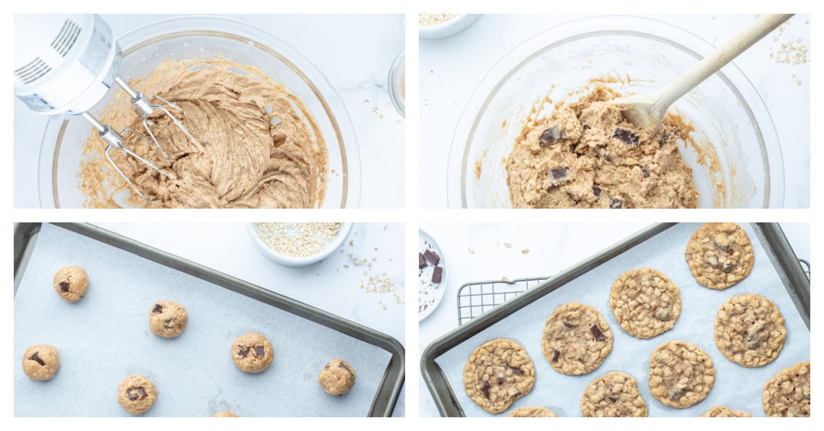 One Bowl Oatmeal Chocolate Chunk Cookies recipe from RecipeGIrl.com four photos showing how to make one bowl oatmeal chocolate chunk cookies