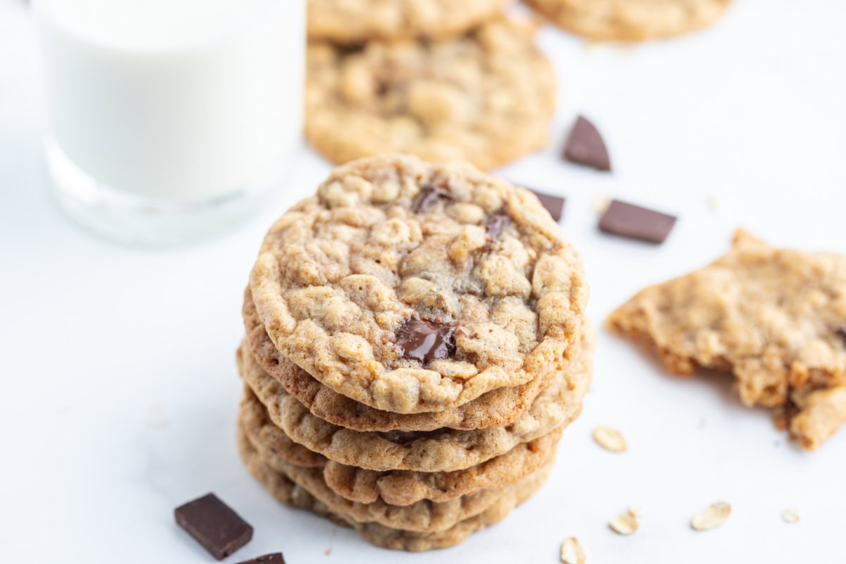 One Bowl Oatmeal Chocolate Chunk Cookies recipe from RecipeGIrl.com stack of oatmeal chocolate chunk cookies
