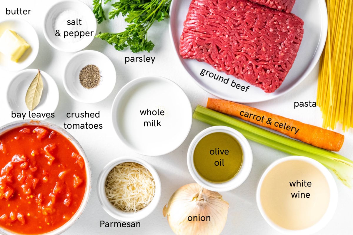 ingredients displayed for making linguine with bolognese sauce