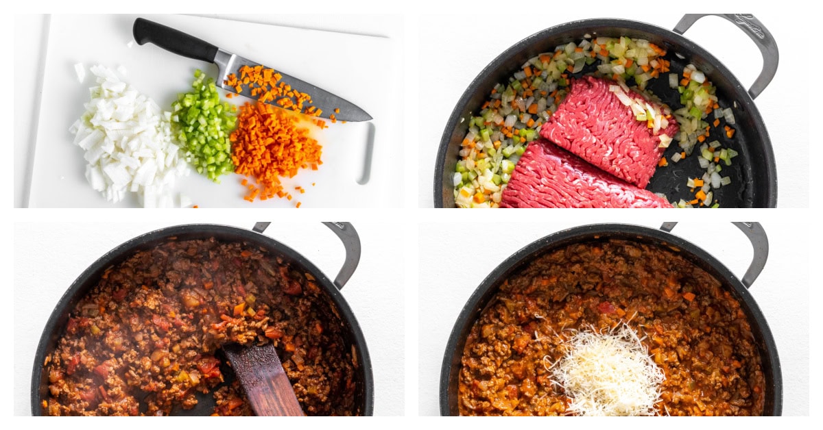 four photos showing how to make bolognese sauce