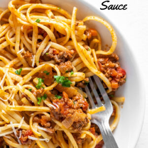 pinterest image for pasta with bolognese sauce