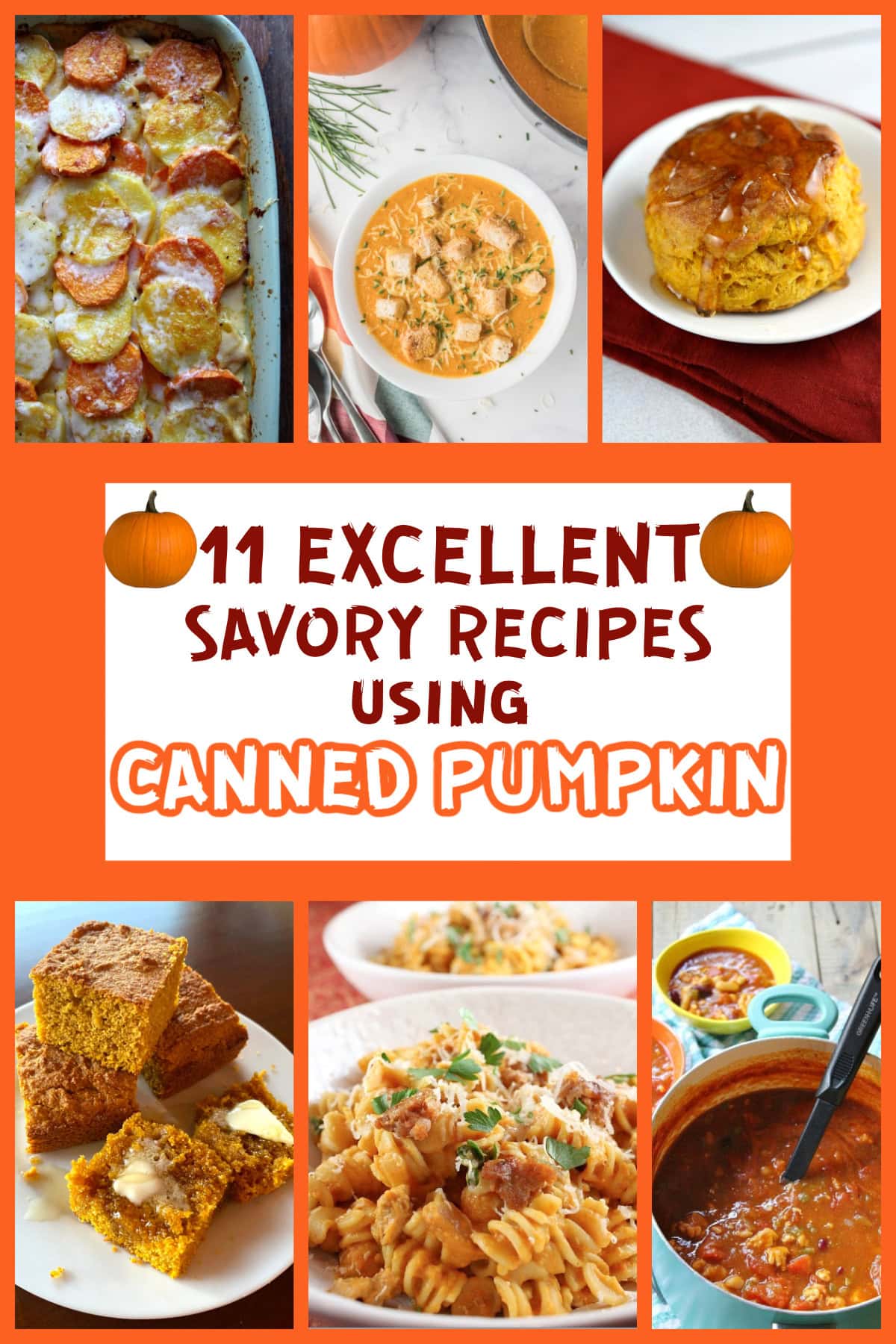 Savory recipes using canned pumpkin, including pumpkin pasta, pumpkin soup, pumpkin chicken, pumpkin chili, pumpkin risotto, pumpkin biscuits and more! collage of savory pumpkin recipes