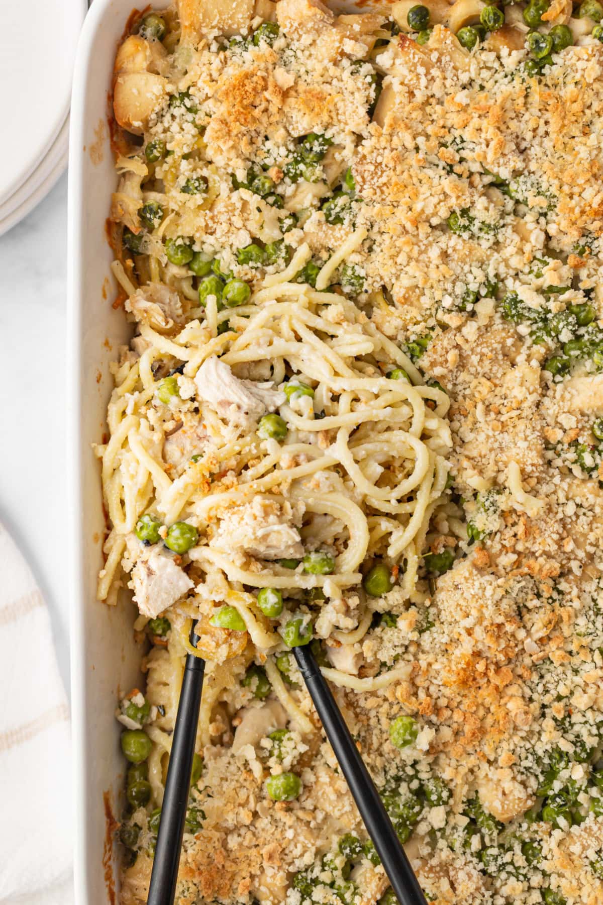 Creamy baked chicken tetrazzini with cheese