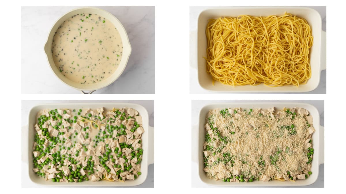 Chicken Tetrazzini is a great-tasting, creamy comfort food casserole, and there are no canned condensed soups used in this recipe! Recipe from RecipeGirl.com. four photos showing how to make chicken tetrazzini