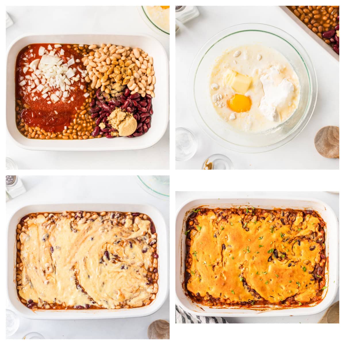 Cowboy Casserole is a hearty, baked beans and cornbread casserole full of smoky, sweet, and savory flavor — perfect for cozy family dinners or potlucks! Recipe from RecipeGirl.com. four photos showing how to make cowboy casserole