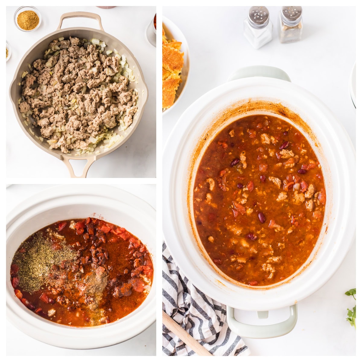 This Easy Slow Cooker Chili is the ultimate comfort food — loaded with ground beef or turkey, beans, and bold spices. A simple, hearty meal that’s perfect for cozy nights, game days, or meal prep! three photos showing how to make easy slow cooker chili