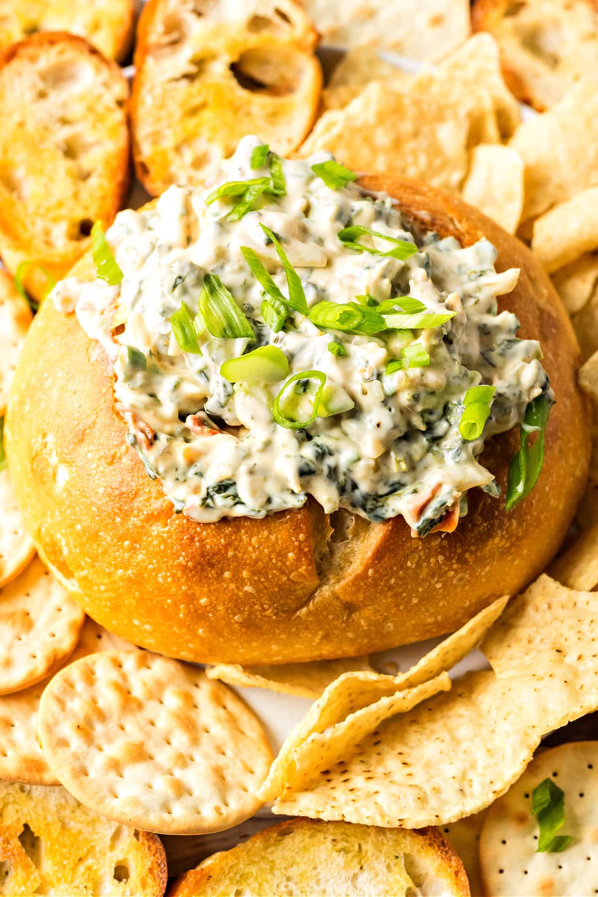 This Knorr Spinach Dip in a bread bowl is creamy, classic, and easy! A timeless appetizer perfect for holidays, game day, or parties. Recipe on RecipeGirl.com. knorr spinach dip served in a bread bowl with crackers and bread slices surrounding