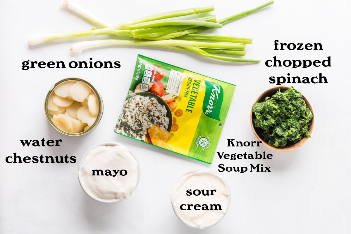 This Knorr Spinach Dip in a bread bowl is creamy, classic, and easy! A timeless appetizer perfect for holidays, game day, or parties. Recipe on RecipeGirl.com. ingredients displayed for making knorr spinach dip