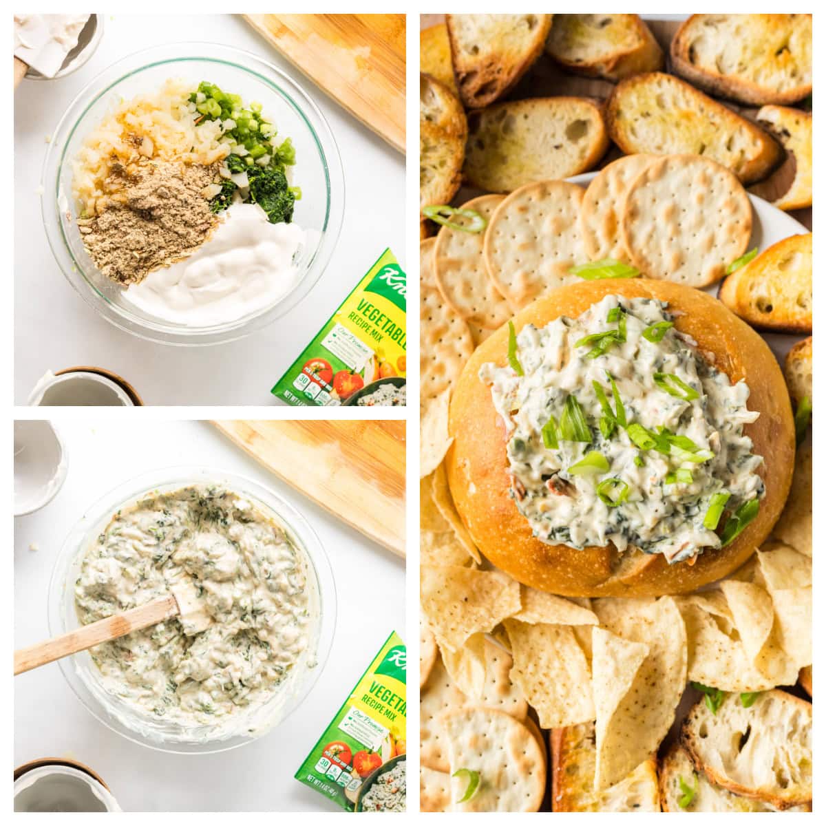 This Knorr Spinach Dip in a bread bowl is creamy, classic, and easy! A timeless appetizer perfect for holidays, game day, or parties. Recipe on RecipeGirl.com. three photos showing how to make knorr spinach dip