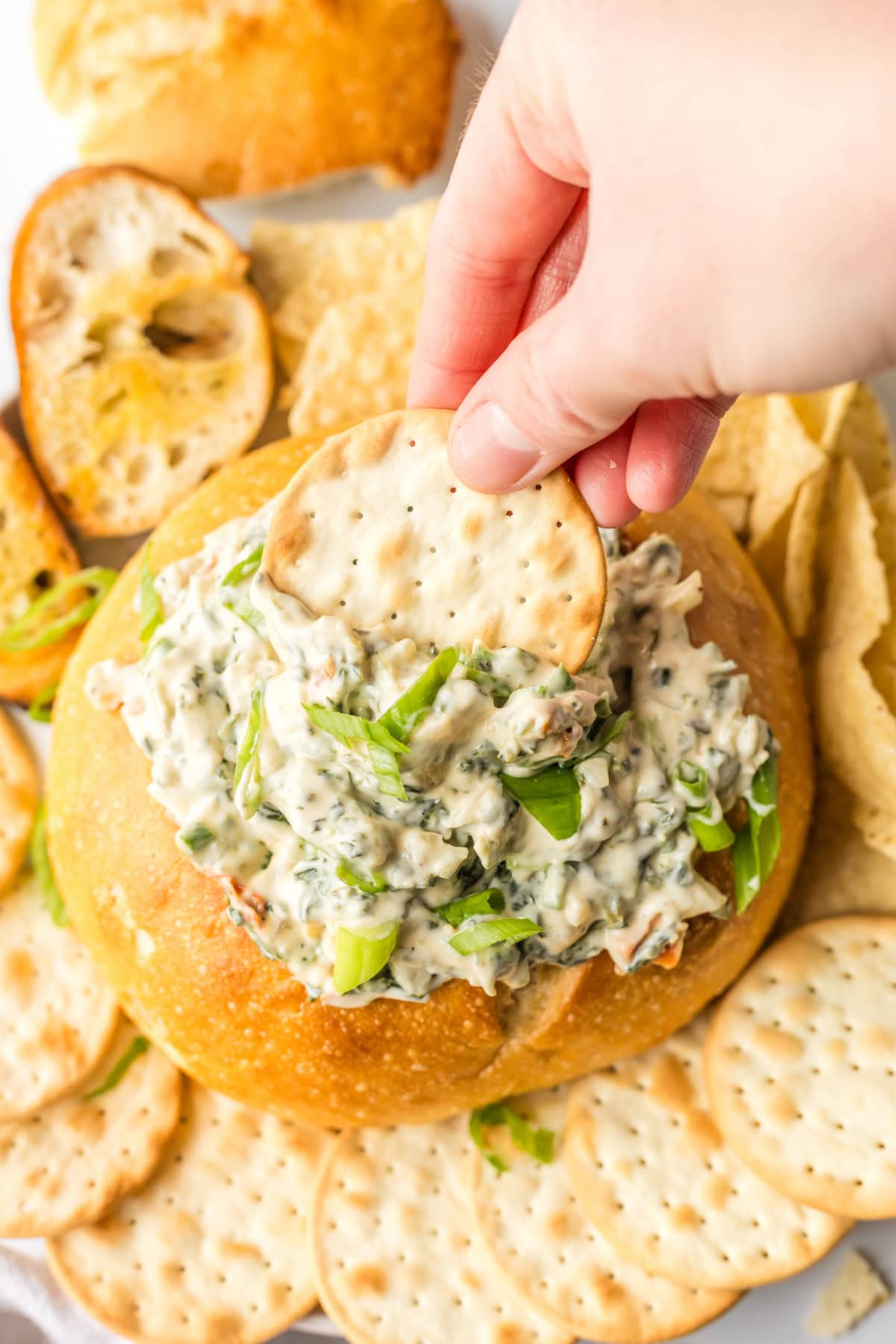 This Knorr Spinach Dip in a bread bowl is creamy, classic, and easy! A timeless appetizer perfect for holidays, game day, or parties. Recipe on RecipeGirl.com. dipping a cracker into Knorr spinach dip