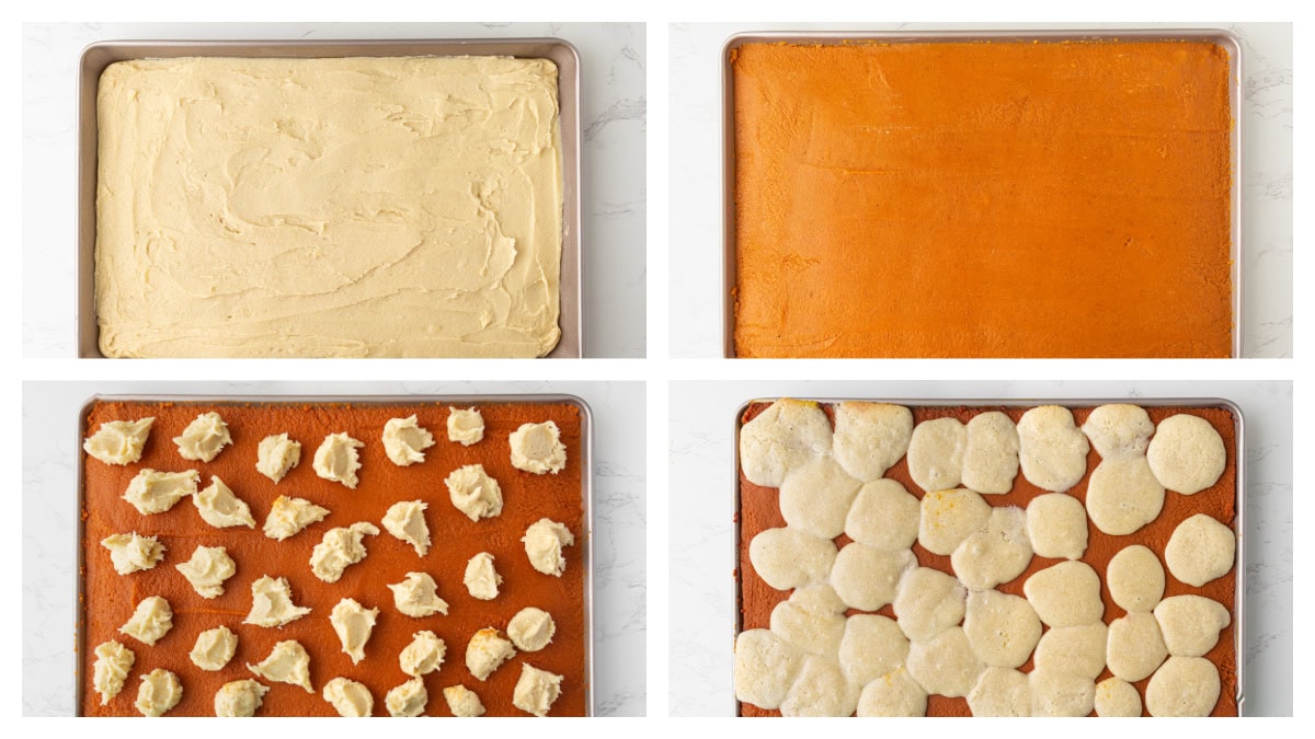These Pumpkin Bars are delicious with pumpkin filling surrounded by two layers of flaky, buttery, sweet crust! Recipe from RecipeGirl.com. four photos showing how to make pumpkin bars