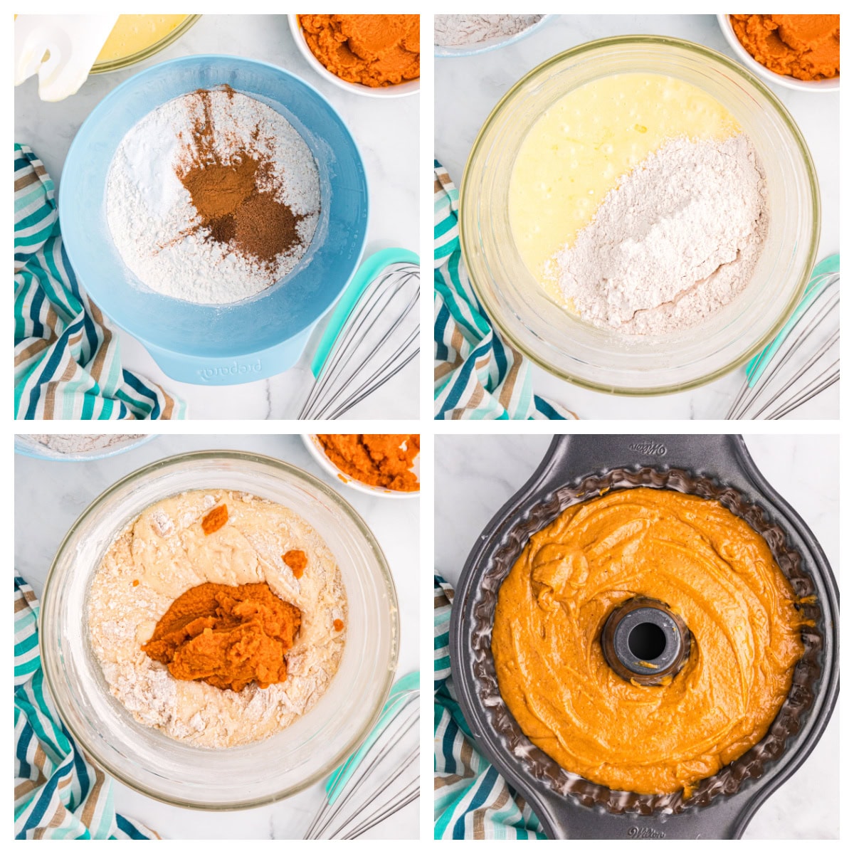 Delicious, moist, and spiced to perfection — this Pumpkin Pound Cake is the fall dessert everyone will be asking for again and again. Recipe from RecipeGirl.com. four photos showing how to make pumpkin pound cake