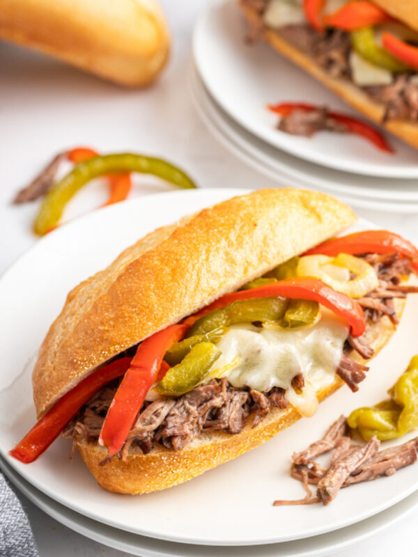 slow cooker italian beef sandwich on a plate