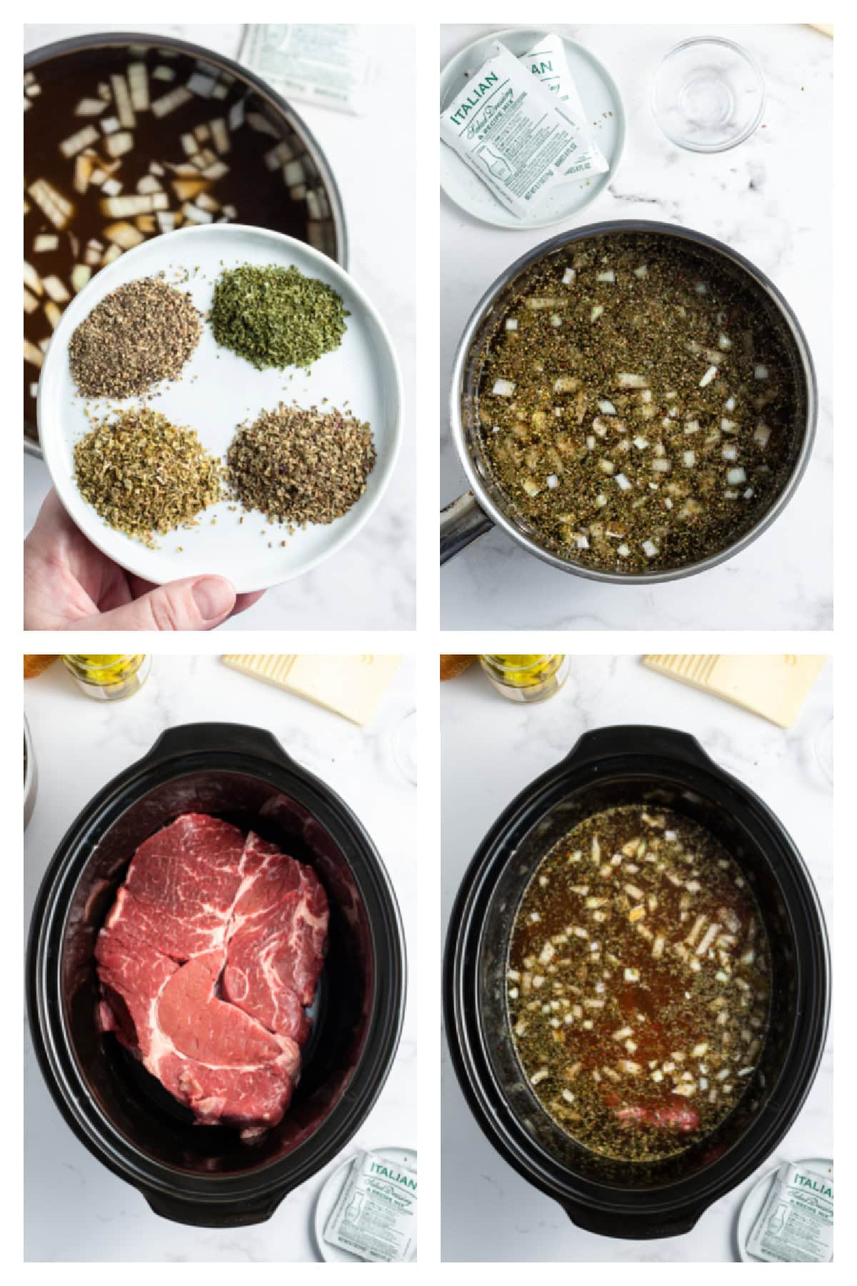 Slow Cooker Italian Beef Sandwiches are the best sandwiches ever. The beef is cooked with pepperoncini and Italian dressing, then shredded. Recipe from RecipeGirl.com. four photos showing how to make slow cooker italian beef sandwiches