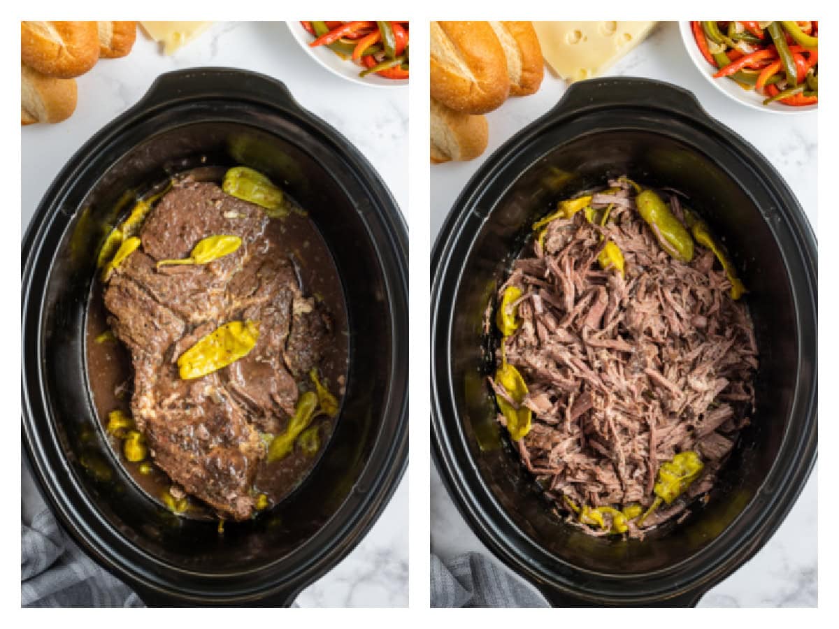 Slow Cooker Italian Beef Sandwiches are the best sandwiches ever. The beef is cooked with pepperoncini and Italian dressing, then shredded. Recipe from RecipeGirl.com. two photos of italian beef in the slow cooker insert