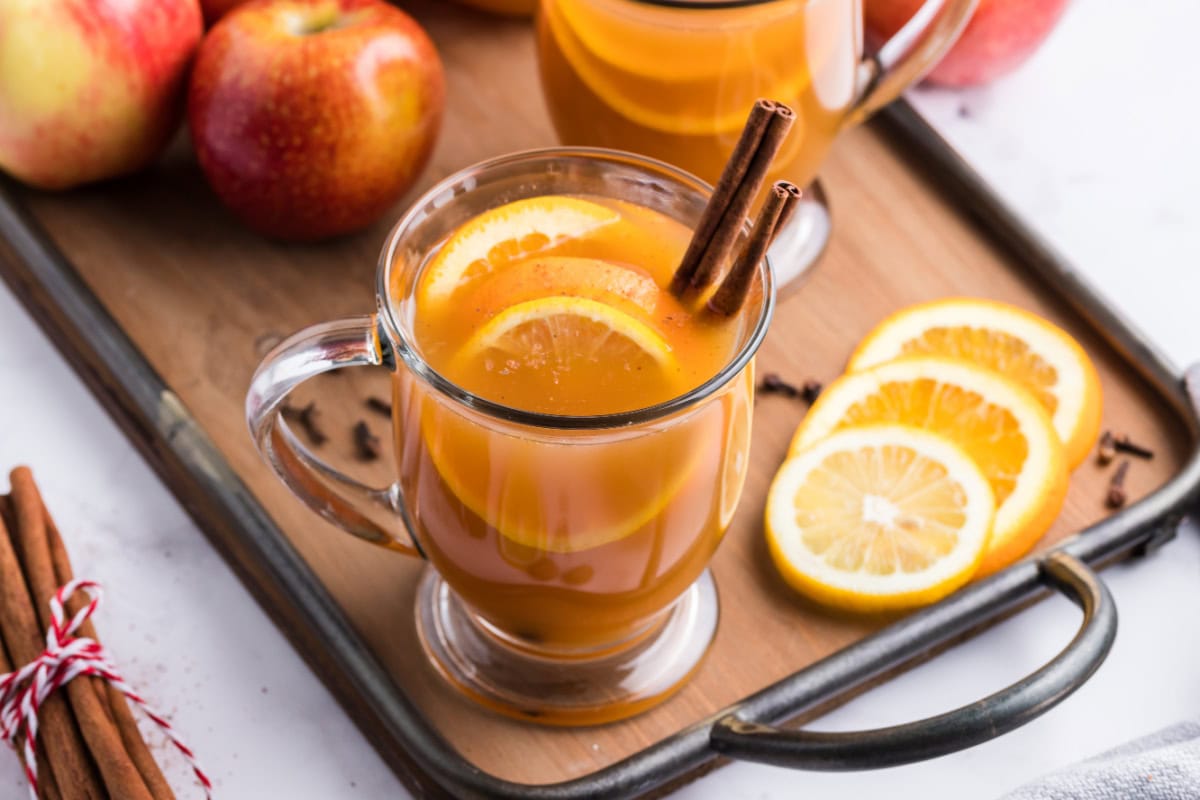 Slow Cooker Mulled Cider is the ultimate perfect warm, non-alcoholic apple cider beverage to make and enjoy during the fall and winter months. Recipe from RecipeGirl.com. mug of slow cooker mulled cider