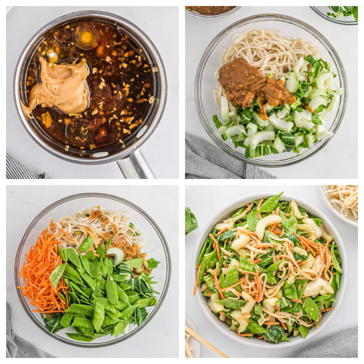 If you love a little heat, these Spicy Peanut Noodles will be your new obsession. A creamy, nutty sauce coats noodles and crunchy veggies — fast, flavorful, and perfect for busy weeknights! four photos showing how to make spicy peanut noodles