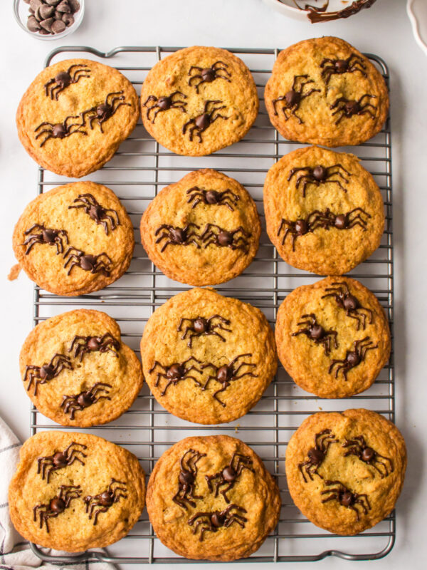 halloween spider cookies on a baking rack
