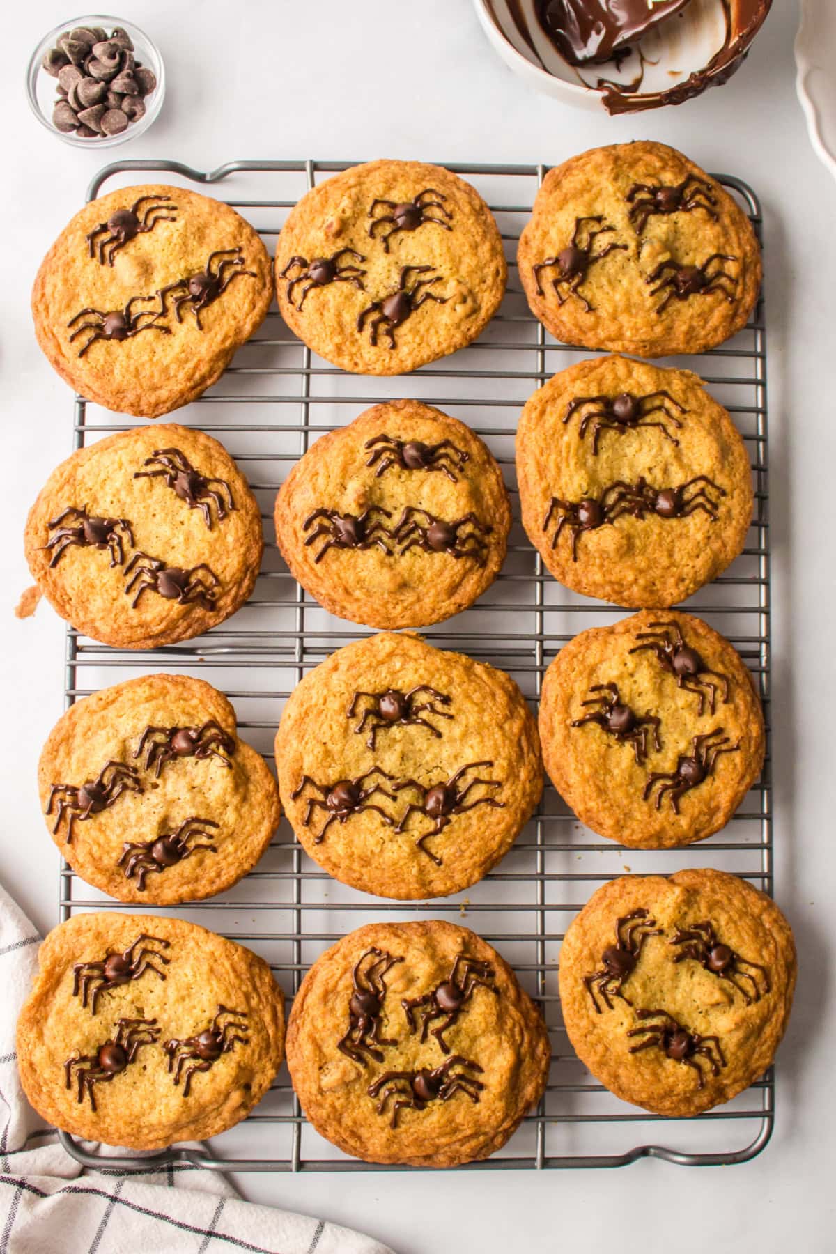 Halloween Spider Cookies are chocolate chip cookies with chocolate spiders on top. They are perfect, spooky cookies for a party. Recipe from RecipeGirl.com. halloween spider cookies on a baking rack