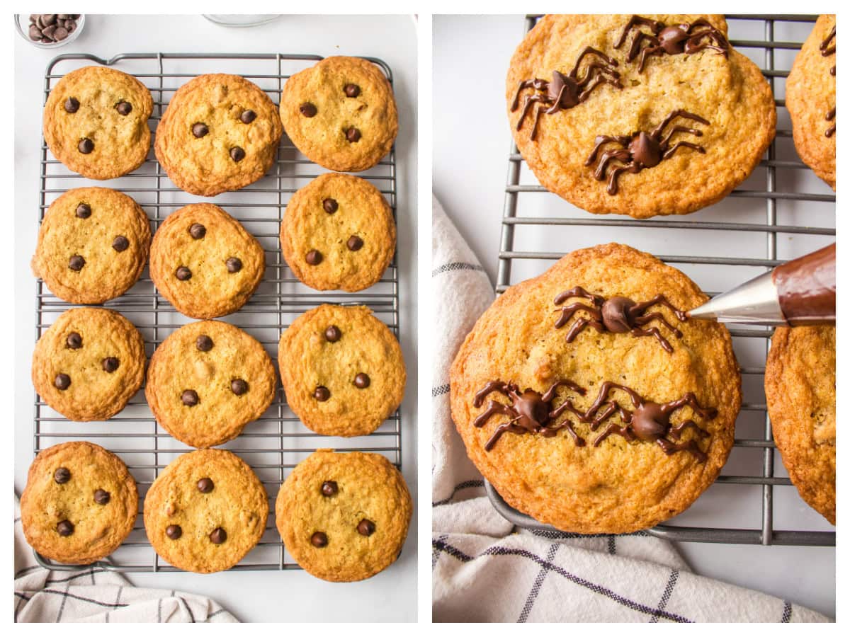 Halloween Spider Cookies are chocolate chip cookies with chocolate spiders on top. They are perfect, spooky cookies for a party. Recipe from RecipeGirl.com. two photos showing chocolate chip cookies on rack and then piping spider legs onto cookies