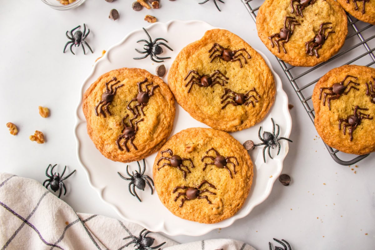 Halloween Spider Cookies are chocolate chip cookies with chocolate spiders on top. They are perfect, spooky cookies for a party. Recipe from RecipeGirl.com. three halloween spider cookies on a plate