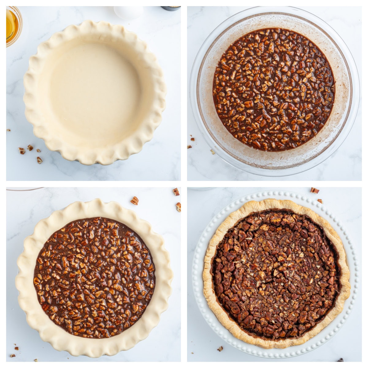 Rich Bourbon Chocolate Pecan Pie made with dark corn syrup, brown sugar, melted chocolate, and toasted pecans. A decadent holiday dessert that’s unforgettable! four photos showing how to make bourbon chocolate pecan pie
