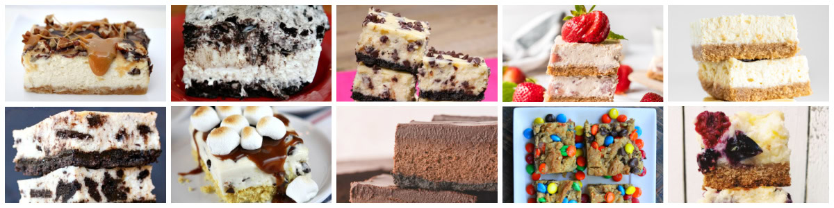 45 creamy, dreamy cheesecake recipes! From classic New York to no-bake, mini, and chocolate versions—this is the ultimate cheesecake collection. collage of 10 cheesecake bar recipes