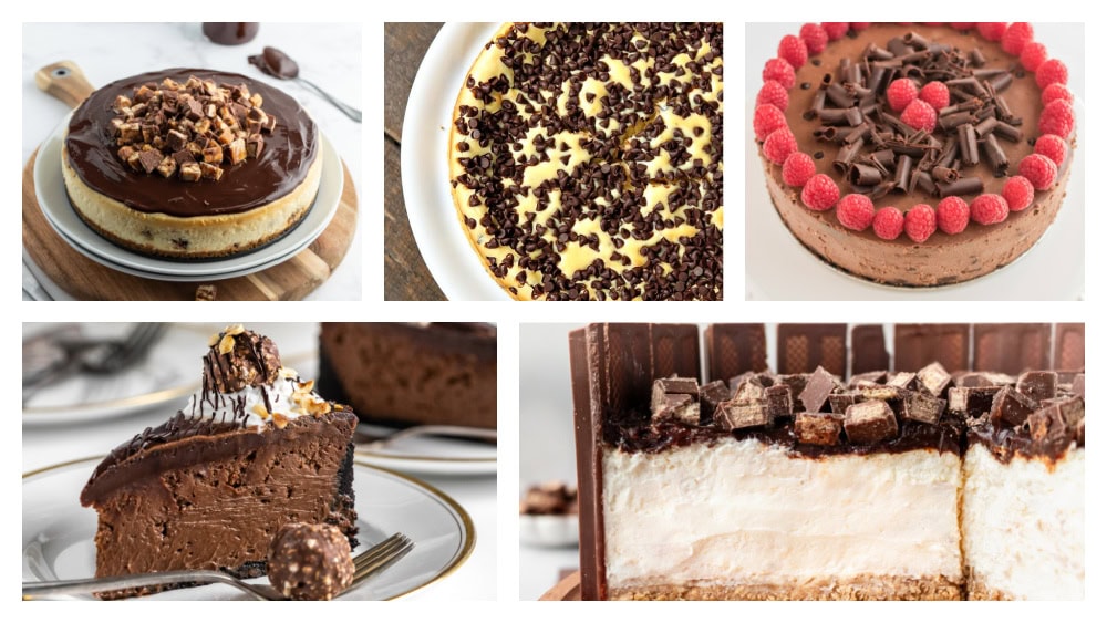 45 creamy, dreamy cheesecake recipes! From classic New York to no-bake, mini, and chocolate versions—this is the ultimate cheesecake collection. Chocolate Cheesecake collage of 5 cheesecake recipes