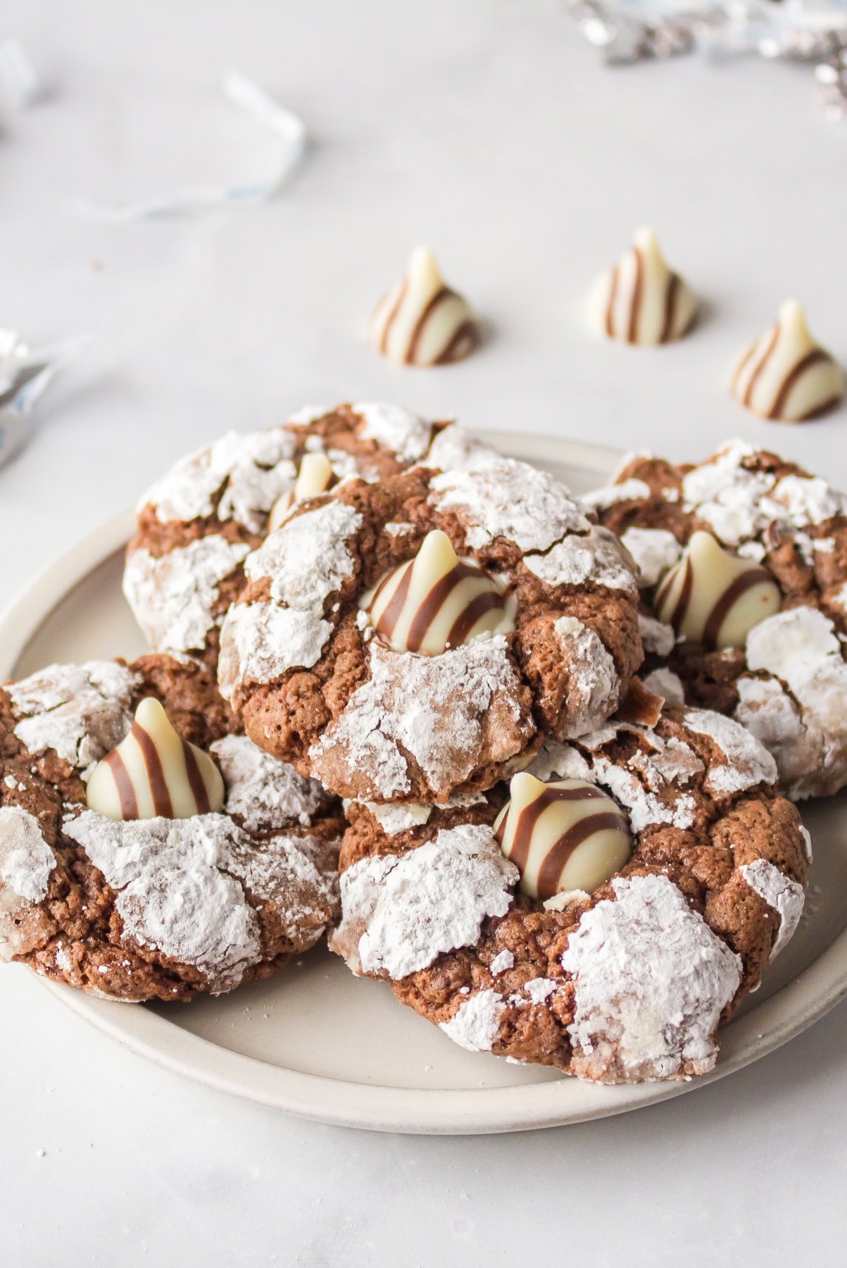 chocolate chocolate kiss cookies on a plate for serving