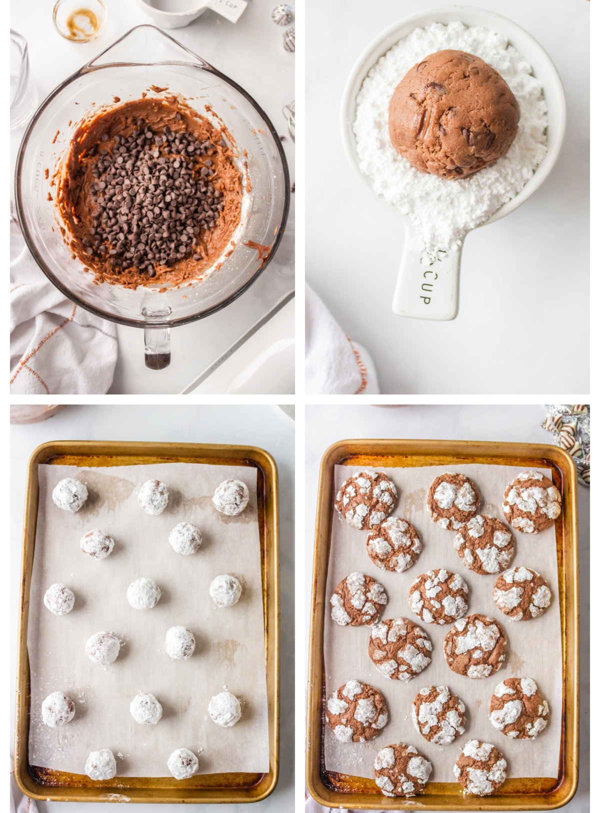 four photos showing how to make chocolate chocolate kiss cookies