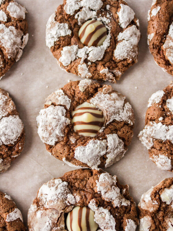 chocolate chocolate kiss cookies on a baking sheet