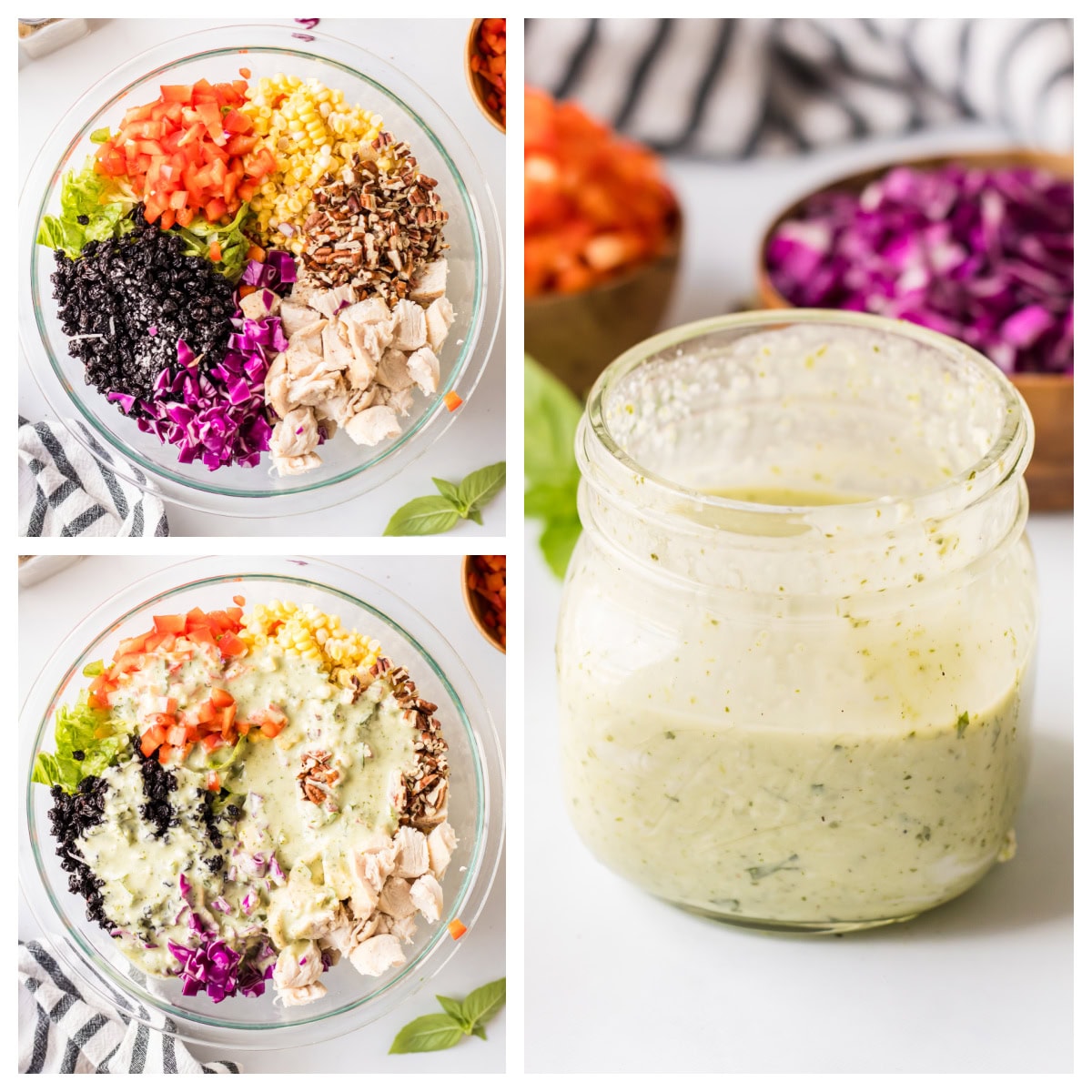 This Chopped Chicken and Couscous Salad with Sweet Basil Dressing is fresh, flavorful, and flexible! Swap turkey, wild rice, and cranberries for a fall twist. three photos showing how to make chopped chicken and couscous salad