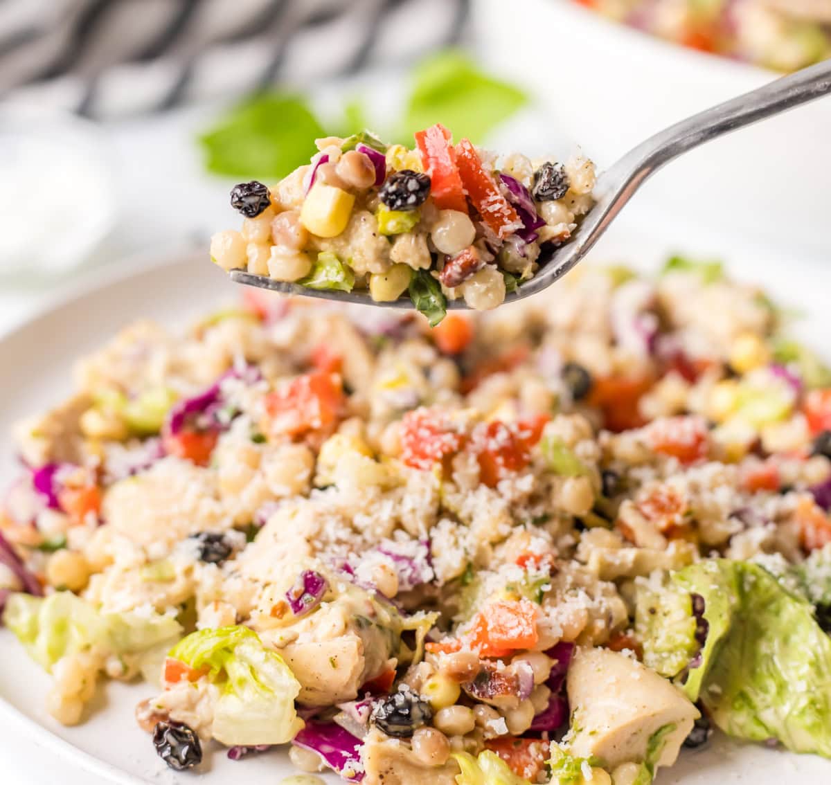 This Chopped Chicken and Couscous Salad with Sweet Basil Dressing is fresh, flavorful, and flexible! Swap turkey, wild rice, and cranberries for a fall twist. fork full of couscous salad over bowl of salad