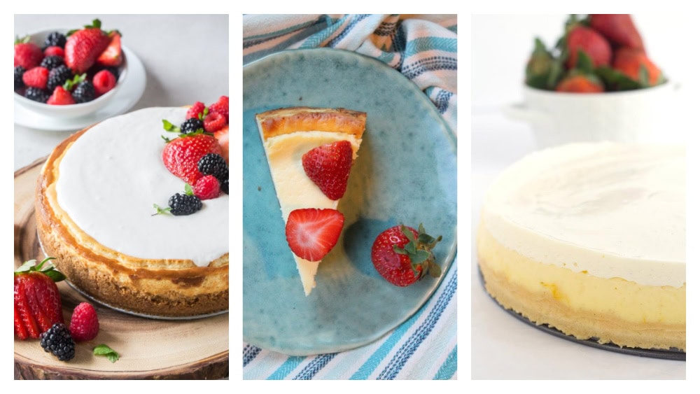45 creamy, dreamy cheesecake recipes! From classic New York to no-bake, mini, and chocolate versions—this is the ultimate cheesecake collection. collage of three classic cheesecakes