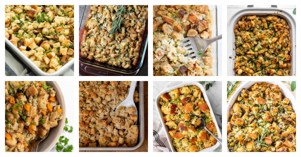 56 of the best stuffing recipes for Thanksgiving! Classic bread, cornbread, sausage, vegetarian, and gluten-free options. The ultimate holiday side dish roundup. collage of 8 classic bread stuffing recipes