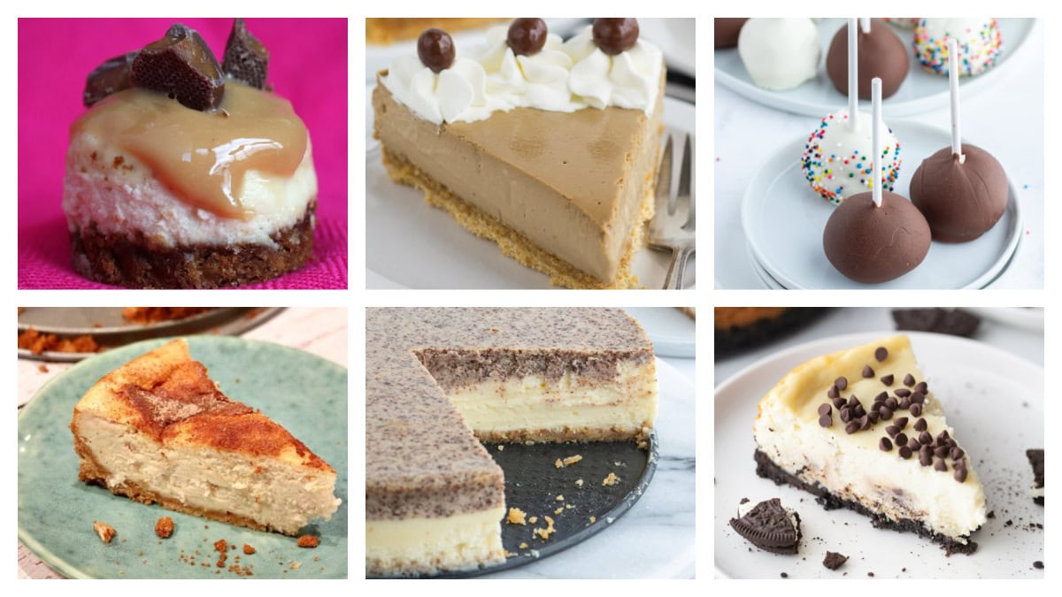 45 creamy, dreamy cheesecake recipes! From classic New York to no-bake, mini, and chocolate versions—this is the ultimate cheesecake collection. collage of 6 creative cheesecakes