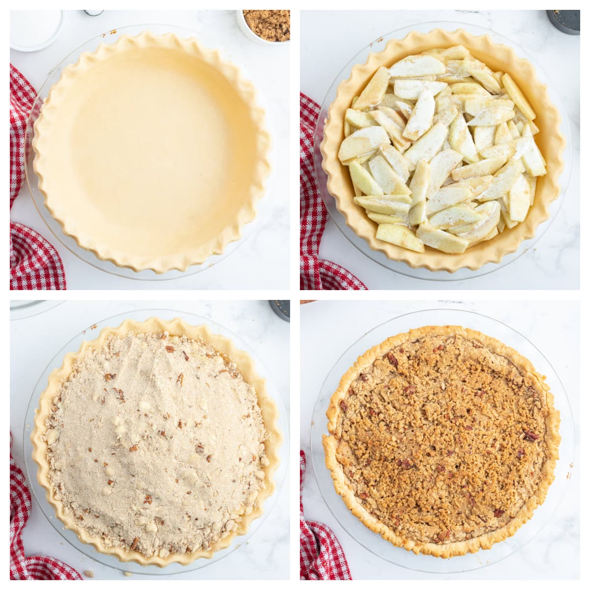 Homemade Dutch Apple Pie with buttery pecan streusel and cinnamon apples. Cozy, classic, and perfect for fall baking or holiday dessert tables. four photos showing how to make dutch apple pie