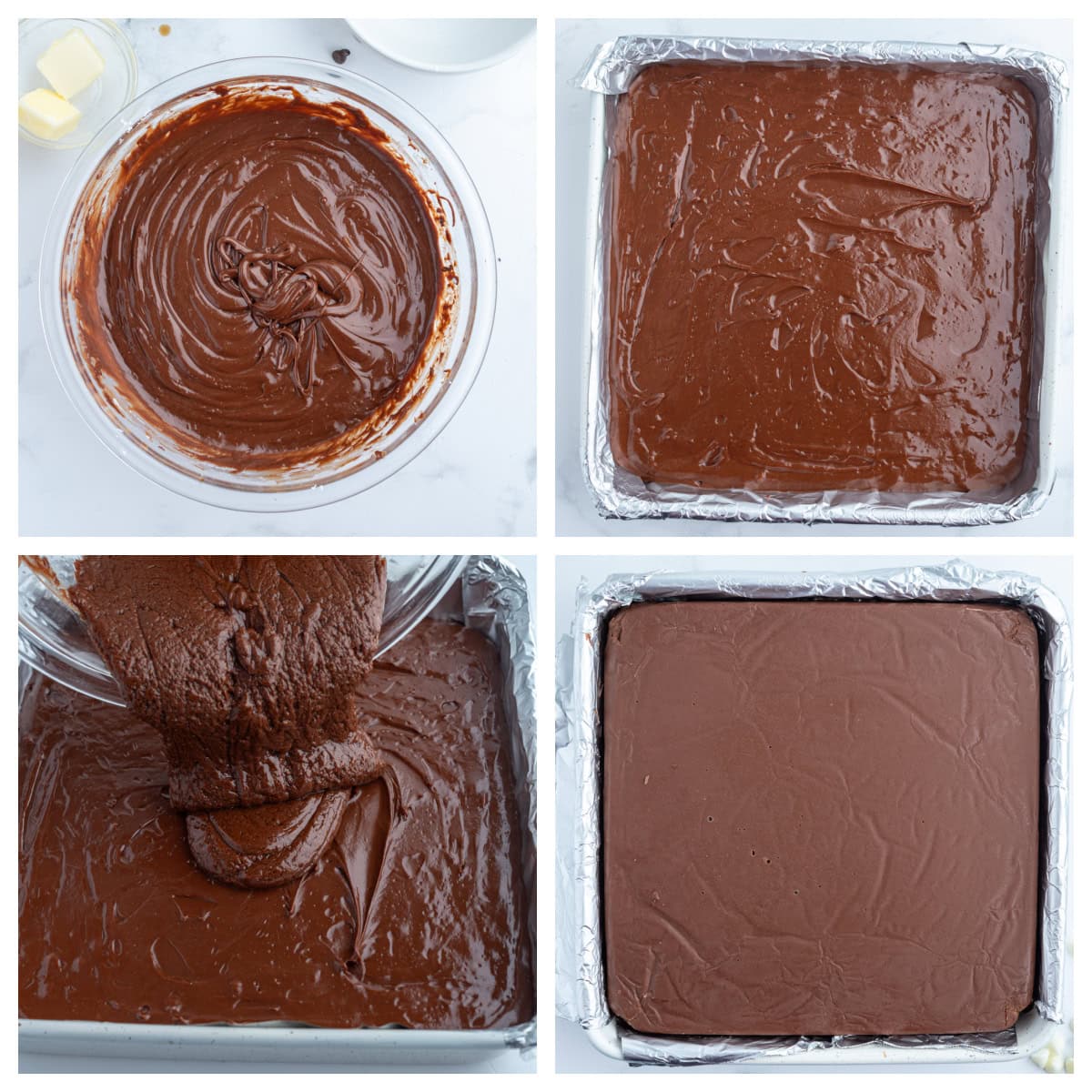 This Easy Microwave Kahlua Fudge has two chocolate layers, a rich Kahlua coffee flavor, and comes together in minutes. Perfect for holiday gifts and dessert trays! four photos showing how to make easy microwave kahlua fudge