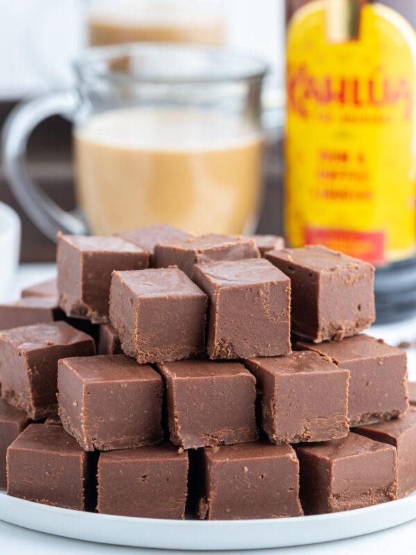 kahlua fudge stacked on a platter