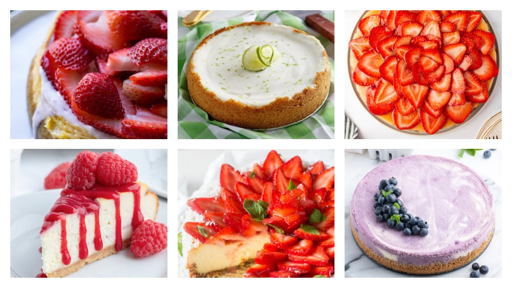 45 creamy, dreamy cheesecake recipes! From classic New York to no-bake, mini, and chocolate versions—this is the ultimate cheesecake collection. collage of 6 cheesecake recipes