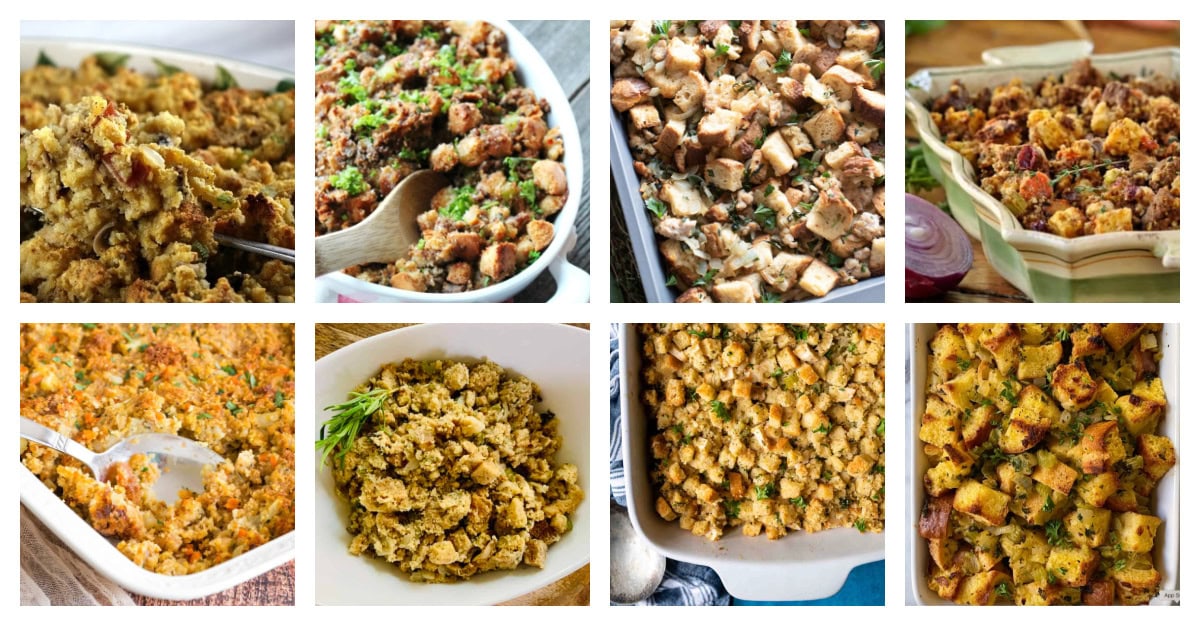 56 of the best stuffing recipes for Thanksgiving! Classic bread, cornbread, sausage, vegetarian, and gluten-free options. The ultimate holiday side dish roundup. collage of 8 gluten free stuffing recipes