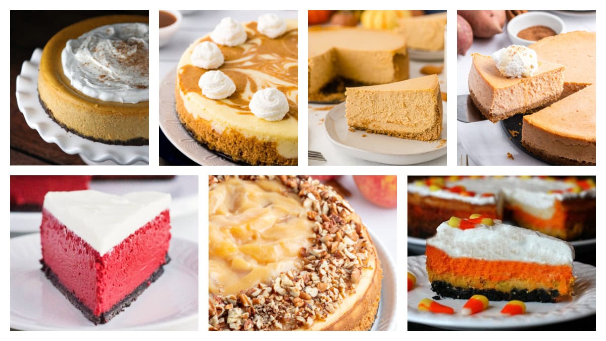 45 creamy, dreamy cheesecake recipes! From classic New York to no-bake, mini, and chocolate versions—this is the ultimate cheesecake collection. Holiday Cheesecake Recipes collage of 7 recipes