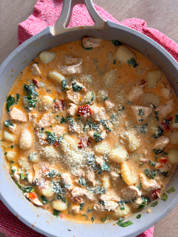 skillet of marry me chicken gnocchi