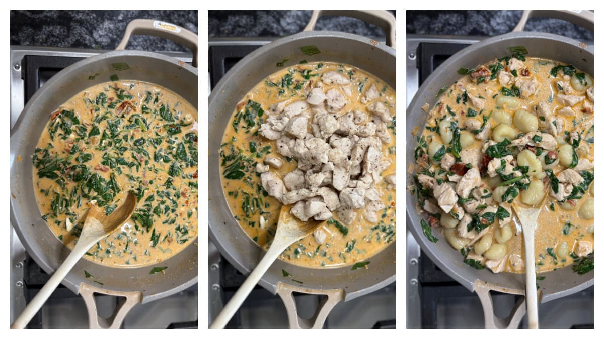 three photos showing how to make one pan marry me chicken gnocchi