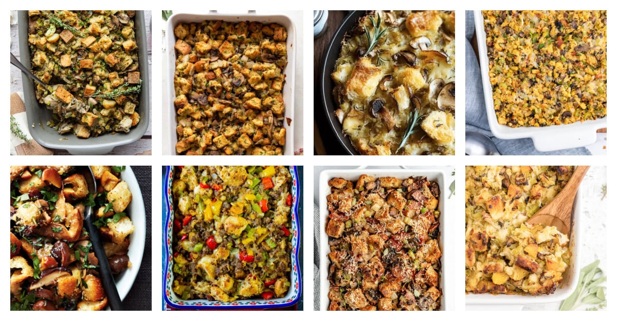56 of the best stuffing recipes for Thanksgiving! Classic bread, cornbread, sausage, vegetarian, and gluten-free options. The ultimate holiday side dish roundup. Collage of 8 mushroom stuffing recipes