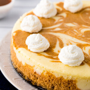 pumpkin swirl cheesecake with whipped cream on top